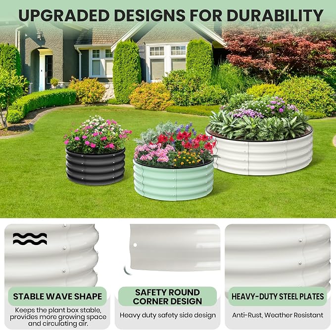 Garvee Galvanized Raised Garden Bed, 2Pcs Raised Garden Beds Outdoor, Round Planter Raised Beds with Gloves and Rubber Edge Trim for Vegetables, Flowers and Herbs, 2x2x1 FT, White