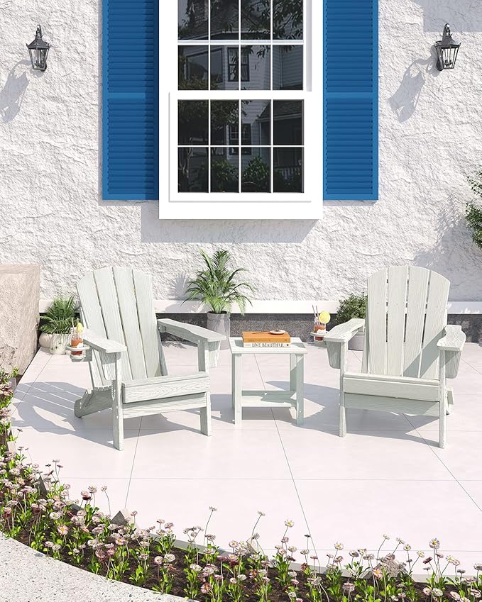 GarveeLife Folding Adirondack Chair Set of 2 with Side Table, All-Weather HDPE Outdoor Chair, Wooden Textured with Cup Holder for patios, Decks, Gardens, fire pits, White