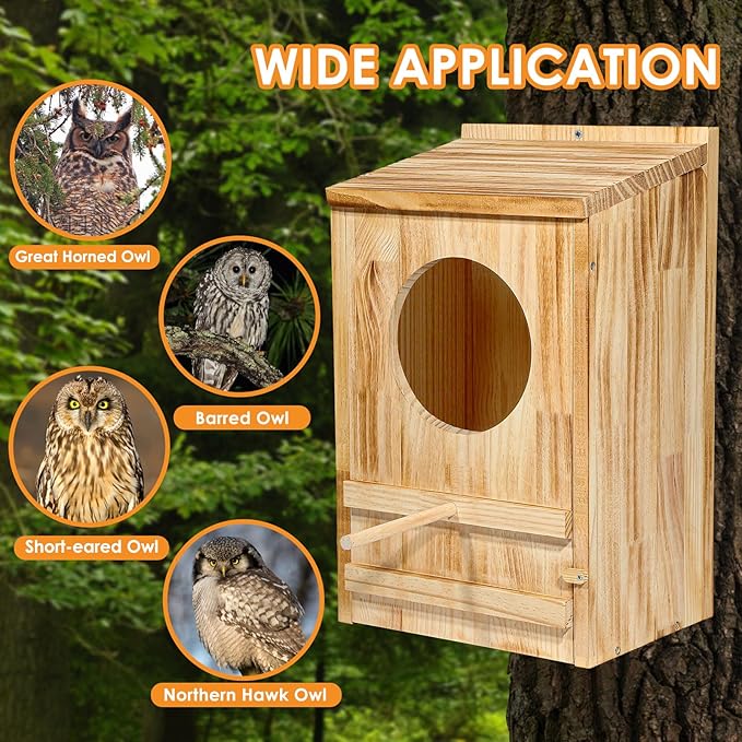 ONKO Large Great Horned Owl House,23''x 14''x 10''Owl Nesting Box for Outside,Wooden Nest House Circular Opening Bird Houses, Suitable for Wildlife Barn,Eastern Screech,Great Horned,Assembly Required