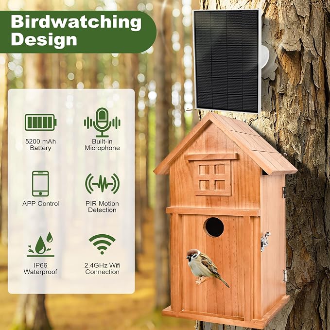 Bird House with Camera Solar Powered 1080P HD Outdoor Design, 2.4G WiFi, Auto Capture Bird Video & Motion Detection, Night Vision, (Dark)