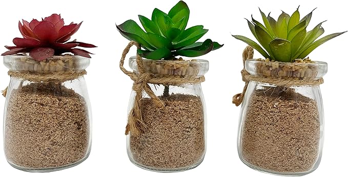 Admired by Nature 3pcs Succulents in Glass Jar W/Metal Basket Indoor Spring Summer Faux Plant décor, Wedding Centerpieces, Tabletop, Home Décor, Office Desk, Kitchen Table Décor, Green