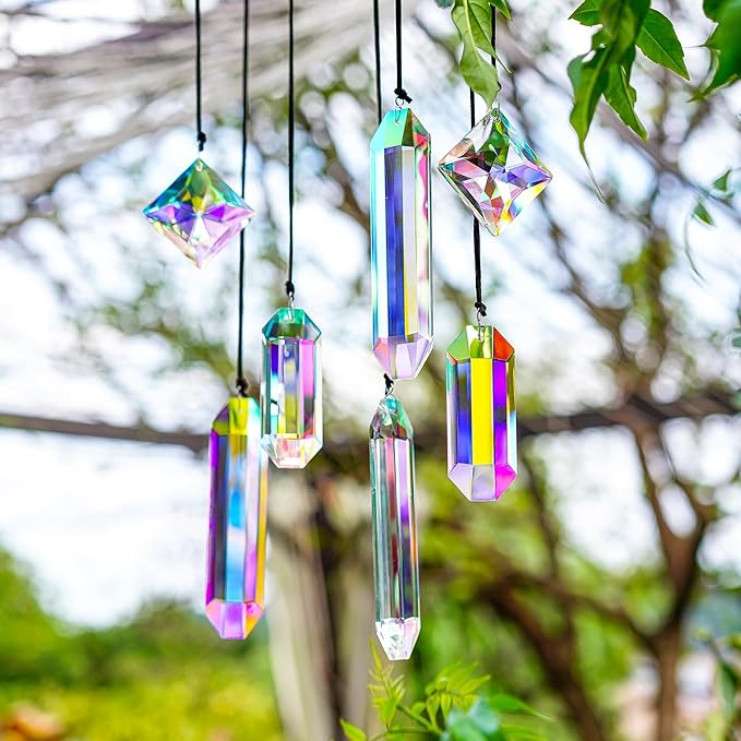 HDCRYSTALGIFTS Set 7 Crystal Sun Catcher Prisms, AB Colored Suncatcher Crystals Indoor Window Hanging Ornaments Rainbow Maker Prisms for Home Garden Decor