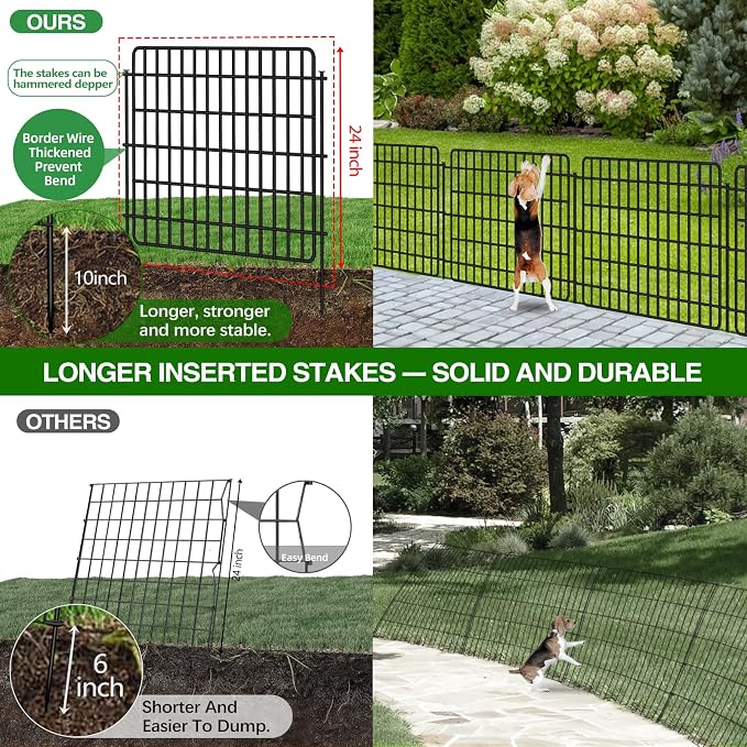 5 Panels Garden Fencing Animal Barrier with Lock, 24 in(H) X 10 Ft(L) Dog Fence Outdoor for Yard Rustproof No Dig Decorative Tall Garden Fence Metal Wire Panel Border Rabbit Ground Stakes Fencing