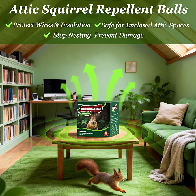 12 Pack Squirrel Repellent Balls- Chipmunks & Rodents Repellent for Outdoor & Indoor Use,Cars,Gardens, Bird Feeders & Attics-Safe for People,Plant-Based