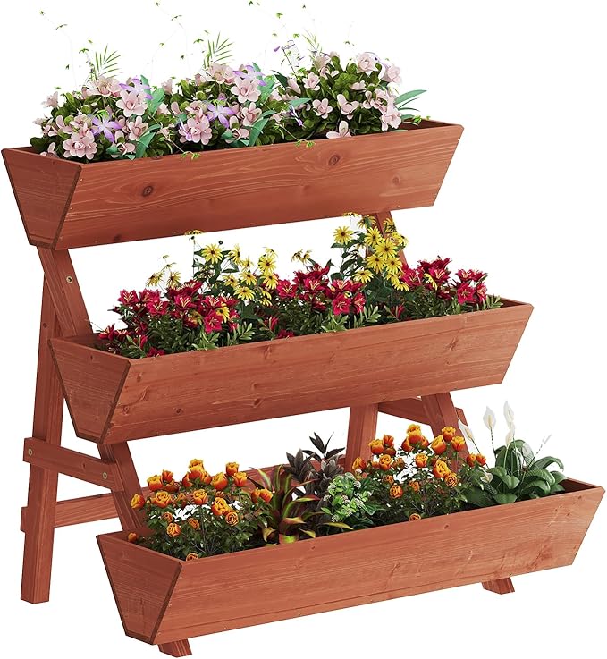 Kitsanery 3-Tiers Wooden Raised Garden Bed,Wood Planter Box for Vegetable,Flower Rack,Flower Pot Stands,Indoor Outdoor Gardening Planting Beds (Brick red, Large)