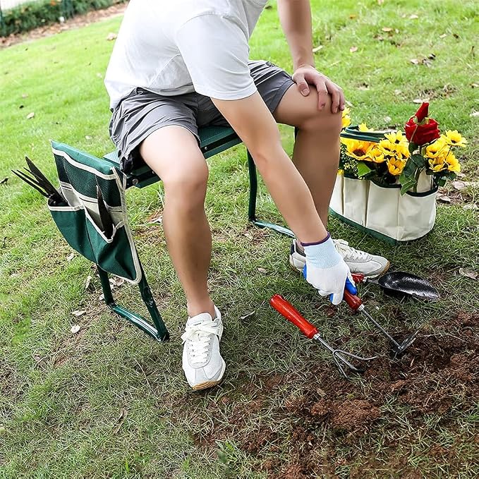 Garden Kneeler Seat Garden Stools Foldable Stool with Tool Bag Pouch EVA Foam Pad Capacity-Protects Your Knees for Gardening Tool kit