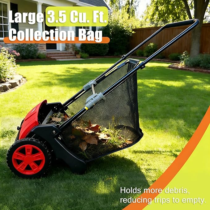 Garvee Push Lawn Sweeper 21-Inch Manual, Leaf Sweeper for Yard & Lawn with 3.5 Cu. Ft. Hopper Bag, Height-Adjustable Brushes for Driveways & Grass, Space-Saving Foldable Design
