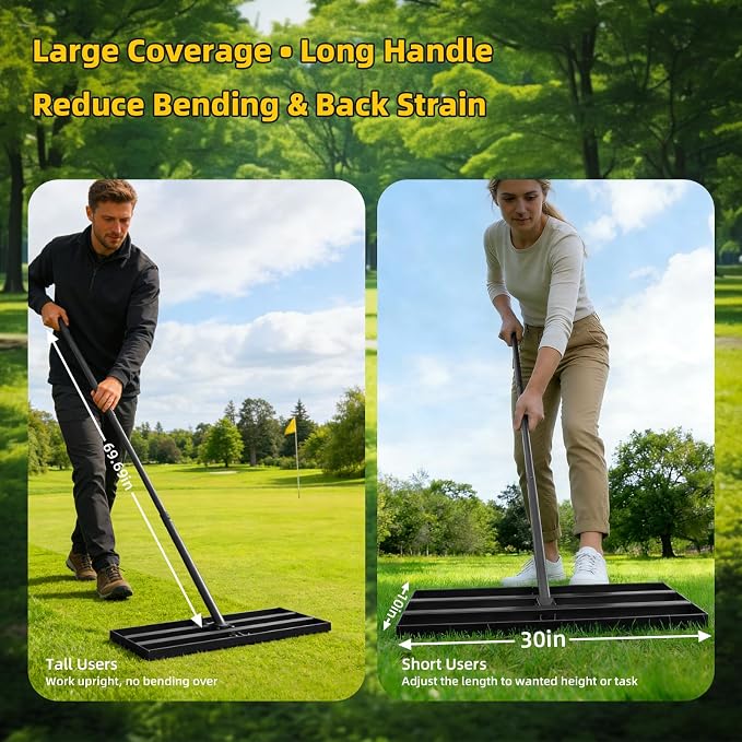 Stainless Steel Lawn Leveling Rake with 70" Adjustable Long Handle – 30"×10" Lawn Leveler for Yard & Garden Soil Leveling, Heavy Duty Top Dressing Rake for Lawn Repair, Landscaping & Grass Care
