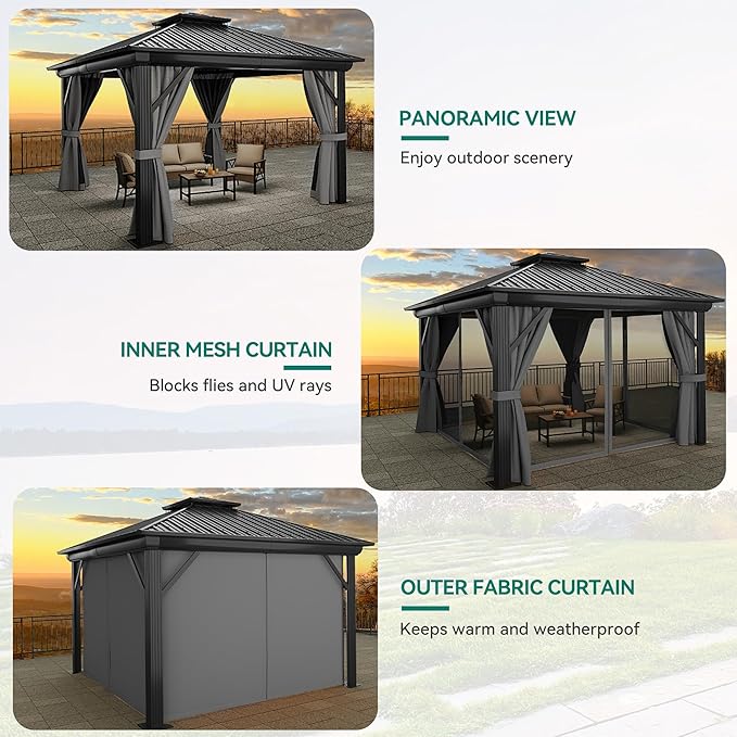 YITAHOME 12x12ft Hardtop Gazebo with Nettings and Curtains, Heavy Duty Double Roof Galvanized Steel Outdoor Combined of Vertical Stripes Roof for Patio, Backyard, Deck, Lawns, Gray