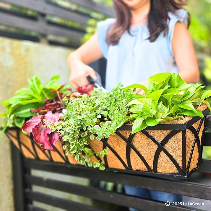 LaLaGreen Railing Planter Boxes (24 Inch, 4 Pack) Black Metal Rectangular Window Flower Box with Coco Liner, Wall Hanging Planters for Outdoor Plants Bracket Holder Deck Rail Fence Balcony Patio Porch