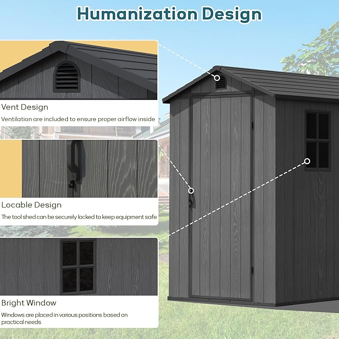 Greesum 4x6FT Plastic Storage Shed with Floor, Resin Outdoor Storaged Sheds with Lockable Door, All Weather Tool Shed with Window and Vent, Easy Assembly for Garden, Backyard, Patio, Dark Gray