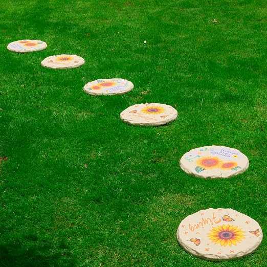 4Pcs Large Stepping Stones Outdoor Garden Walkway, Durable Plastic Pavers for Patio, Pathway, and Landscaping, Weatherproof Stepping Stones with Ground Stakes for Easy Installation (Round Sunflower)