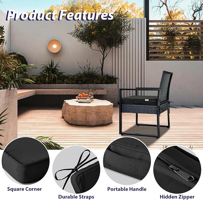 IPYNBAP Outdoor Chair Cushions Set of 4 -Waterproof Outdoor Seat Cushions for Patio Furniture, Patio Chair Cushion with Handle and Ties, Out Door Chair Pads,17x16x2-Square, Black