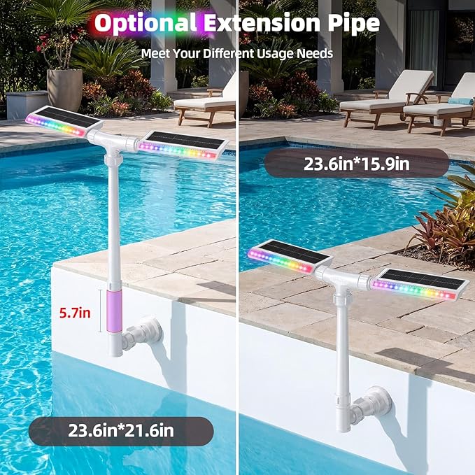 Solar Pool Fountain, 22'' Height Dual-Head Adjustable Spray, Auto Dusk Sensor & 6 Timer Option, Extended 8000mah Battery, 10-Color 4-Mode LED Lights, Pool Fountains for Inground/Above Ground Pools