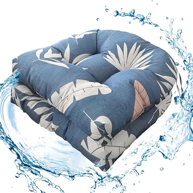 2 Pcs Outdoor Chair Cushions, Waterproof Seat Cushions for Wicker Chairs, Floral Patio Furniture Chair Pads, Grey Leaf, 19"x19"x3.9"