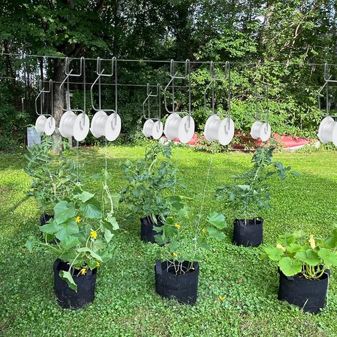 Tomato Support Hooks with String,10 Pack Tomato Trellis Roller Hooks with 49.2FT String for Plant,Greenhouse Tomato Flower Vine Twine Crop Trellis Kit Tomato Plant Roller Hook