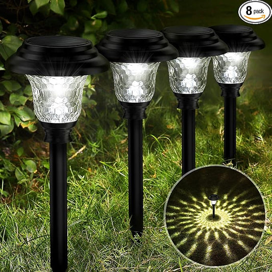 Glass Solar Lights Outdoor waterproof, 8 Pack Super Bright Solar Pathway Lights, Up to 12 Hrs Long Last Auto On/Off Garden Lights Solar Powered, Stainless Steel LED Light For Yard Landscape Cool White