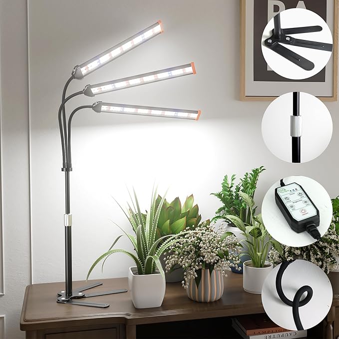 GooingTop Grow Light for Indoor Plants,5000K Full Spectrum Growing Plant Lamp with White Red Blue LED for Pots Succulents Seed Starting,Height Adjustable 10-32'' with Optional Dimming & Timer