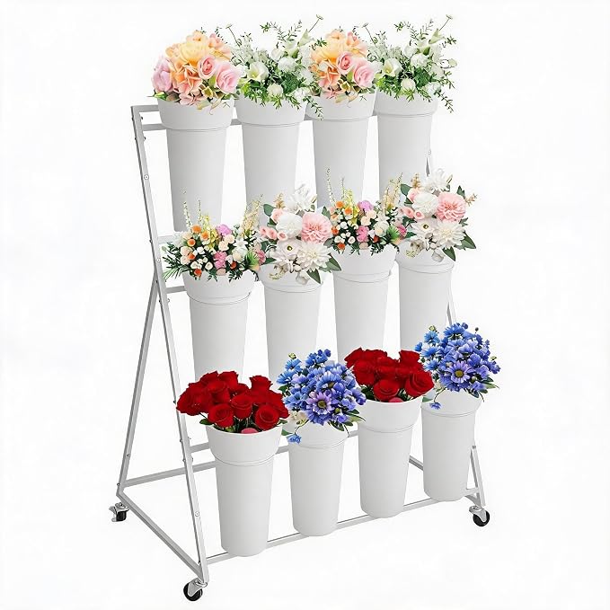 GarveeLife 3-Tier Metal Flower Display Stand with 12 Removable Round Buckets and Wheels, Mobile Flower Cart for Indoor Outdoor Patio Garden Wedding Flower Shop，White