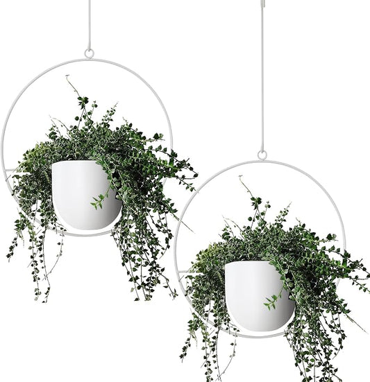 2 Pack Hanging Planters for Indoor Outdoor Plants Modern Metal Plant Hangers, Wall and Ceiling Hanging Plants Baskets Mid Century Minimalist Flower Pots Home Decor (White)