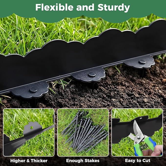 50 FT Landscape Edging Border with 75 Spikes, 2.8 Inch Tall Garden Edging Border, Flexible Plastic No Dig Lawn Edging Border for Flower Beds Landscaping Yard Pathway Paver Tree Fence Edging (Black)