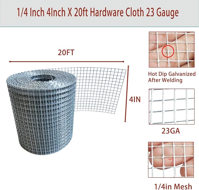 Galvanized Hardware Cloth 1/4 Inch Mesh 4in X 20ft 23 Gauge Hot-dip Galvanized After Welding, Hot Dipped Zinc Coating Welded Cage Wire Mesh Roll, Handicraft Making Wire Mesh