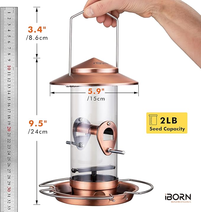 iBorn Bird Feeder Squirrel-Chew Proof Metal Hanging Birds Feeder Bird Feeders for Outdoors Hanging Outside for Cardinal, 3 Perches with 2 Feeding Ports, Brushed Copper (Seed is not Included)