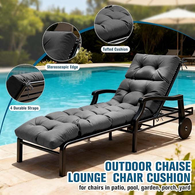 MTMR Chaise Lounge Chair Cushion Outdoor, Waterproof Seat Cushions for Patio Furniture, Non-Slip Outdoor Replacement Pad for Lawn Pool Wicker Couch Loveseat, Thick Long Lounge Cushion, Dark Grey
