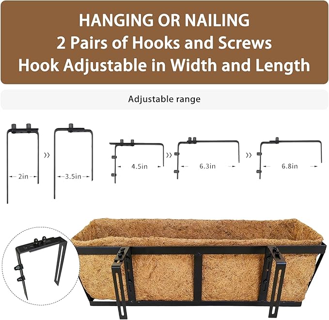 2 PCS 24 Inch Window Deck Box Railing Planter Boxes with Coco Liner,Black Metal Hanging Flower Planter Basket Hanging for Window Sill Balcony Courtyard Garden
