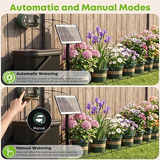 Solar Drip Irrigation System Kit, Auto Watering Kit for 15 Pots, 3W Solar Powered Auto Easy DIY Watering Device,22 Timing Modes with with Anti-Siphoning Device & Buckets and Flower Pots