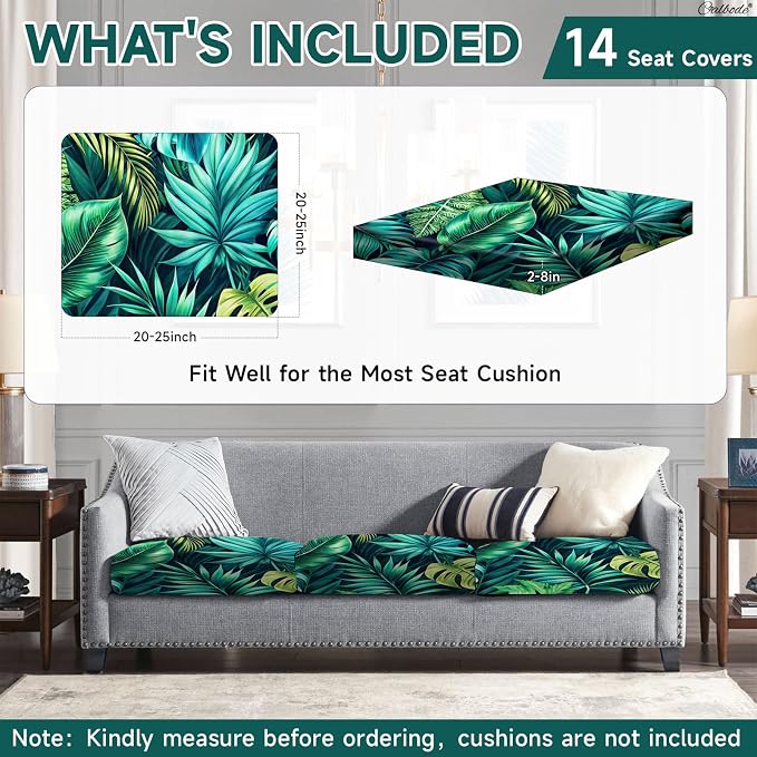 CALBODE 14 Pcs Stretch Outdoor Seat Cushion Covers, Washable Chair Seat Cover for Patio Furniture Cushions Soft Indoor and Outdoor Couch Cover Replacement (Green Tropical Leaves, Cover Only)