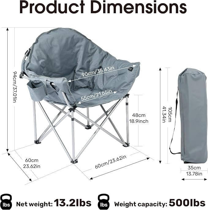 SunSettler Heated Camping Chair, Oversized Heated Outdoor Chair for Adults with 3 Heat Levels, Portable Folding Padded Chair for Camp, Lawn, Sports (Battery NOT Included) (Grey)