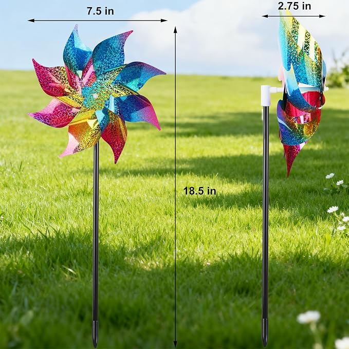 Hausse 12 Pack Reflective Pinwheels with Stakes (Pre-Assembled), Extra Sparkly Rainbow Pin Wheel for Garden Decor, Bird Repellent Devices Deterrent to Scare Birds Away from Yard Patio Farm, Colorful