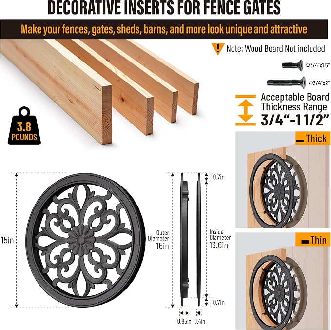 Decorative Inserts for Fence Gates, Aluminum Alloy Ornamental Panels Outdoor Home Garden Decor, Round, 15.1"x15.1"