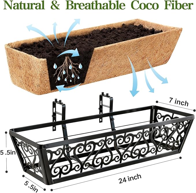 6 Pack 24 Inch Deck Railing Planter Box - Window Boxes Planters with Adjustable Brackets Coco Liners Balcony Planters Railing Hanging for Window Flower Boxes Outdoor Garden Decor