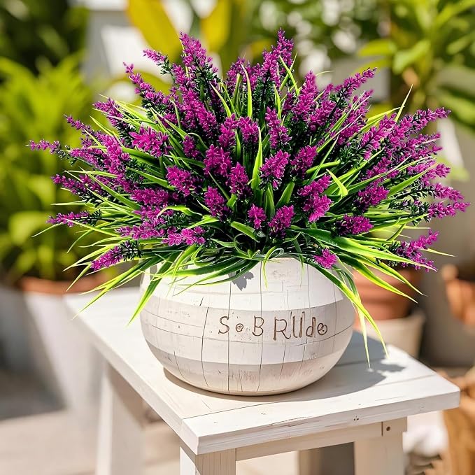 Geegoods Artificial Plants Flowers Outdoor – 48 Bundles UV Resistant Faux Lavender Flowers with Monkey Grass for Garden Porch Window Patio Hanging Planter Decor