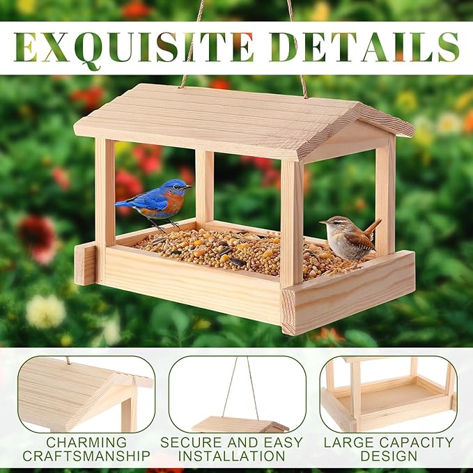 2 Pcs Wooden Bird Feeder for Outdoor Hanging, Platform Bird House, Rustic Garden Yard Decorations for Wild Birds, Cardinals, Finches, Bluebirds, Include Sloped Roof and Sturdy Rope