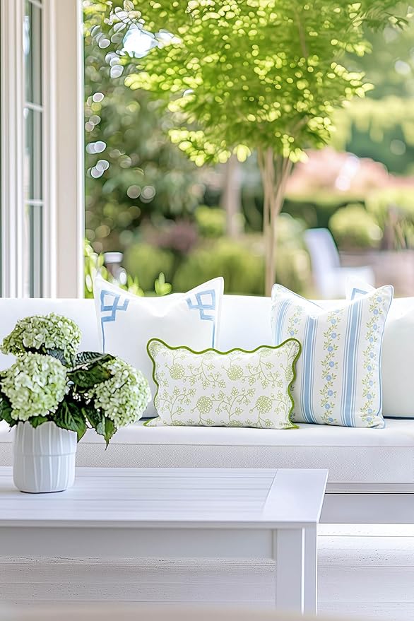 Hofdeco Premium Coastal Patio Indoor Outdoor Scalloped Lumbar Pillow Cover Only, 12"x20" Water Repellent for Backyard, Couch, Green Print Dahlia Floral