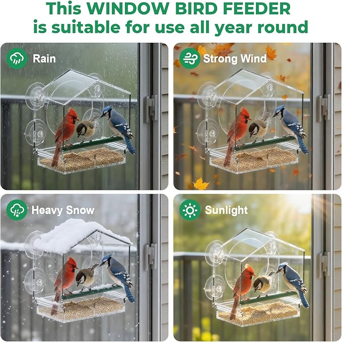 Window Bird Feeder with Non-Marking Self-Adhesive Hooks, 2 pcs Clear and Transparent, Outdoor Wild Bird Watching Gift for Finches, Cardinals (1 Large+1small Acrylic)