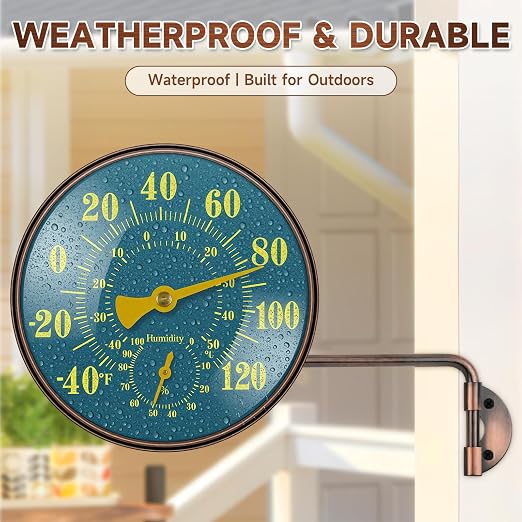 6 Inch Outdoor Thermometer Hygrometer, Large Brass Retro Patio Thermometer, Waterproof Temperature Gauge with Easy to Read Window for Home, Patio, Garden, Garage Wall Mount