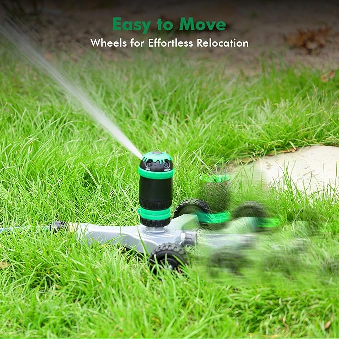 RESTMO Gear Drive Sprinkler with Wheeled Base, 5-Pattern Multi-Adjustable Lawn Sprinklers for Yard, Heavy Duty Watering System for Garden Plant, Flower Bed and Large Area Watering