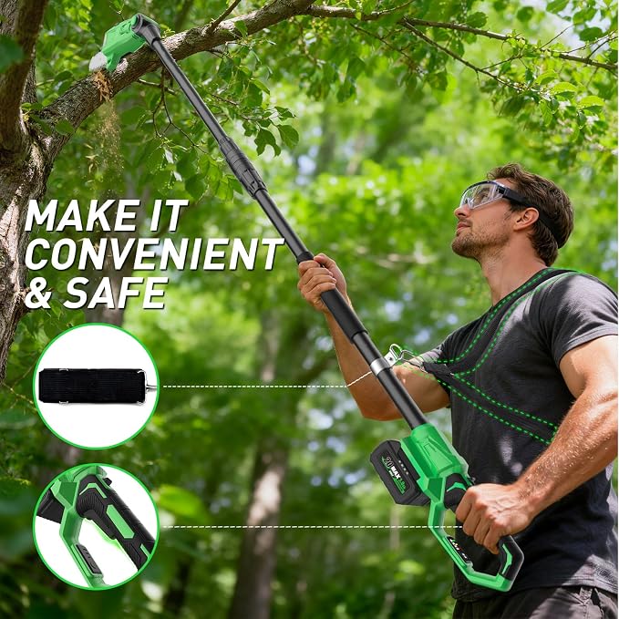 SOYUS Pole Saw 8-Inch Cordless, Electric Pole Saw for Tree Trimming with 2 X 3.0Ah Battery & Charger, 15-Foot Max Reach Cordless Tree Trimmer with Multi-Angle, 16ft/s Speed, Auto Oiling