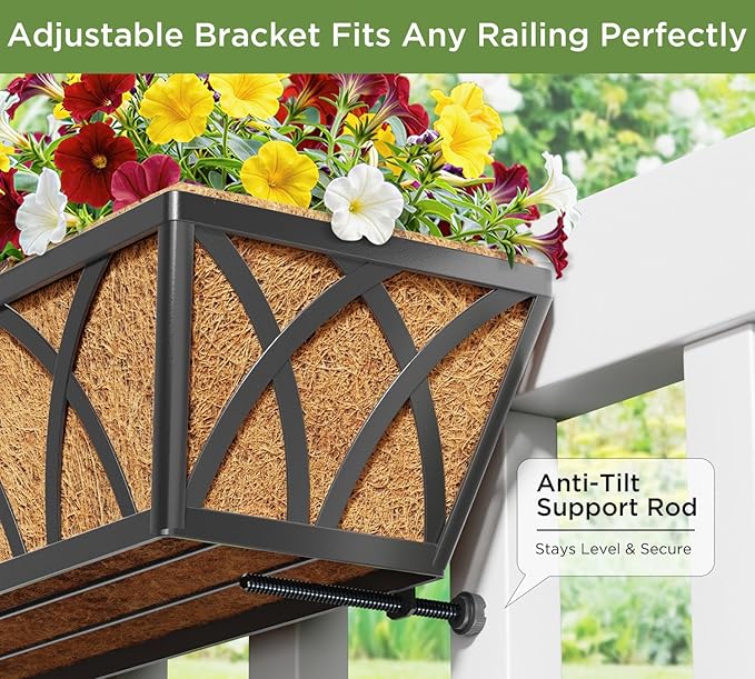 24 Inch Railing Planter Box with Coco Liner, Adjustable Metal Window Box, Hanging Flower Planter Outdoor, for Balcony Deck Fence Garden, Black, Set of 2