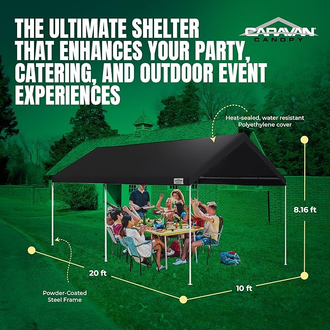 Caravan Canopy Domain Pro 200 Straight Leg 10 by 20 Foot Outdoor Canopy Car Tent 10x20 with Durable Powder Coated Steel Frames, Black