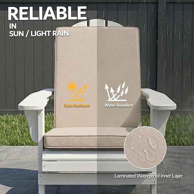 Adirondack Chair Cushions Set of 4 - Removable Covers, Water-Repellent & Fade-Resistant Faux Linen, Securing Straps, Non-Slip Bottom, Fit for Most Outdoor Adirondack & Rocking Chairs - Beige