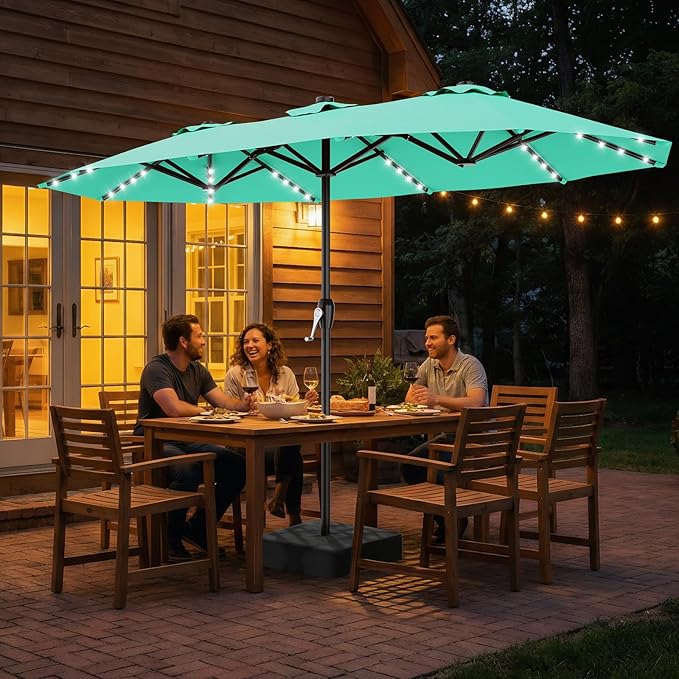 AreShark 15FT Patio Umbrella with Solar Lights, Double Sided Outdoor Table Umbrellas with Crank, Large Rectangular Market Umbrella for Porch, Lawn, Pool, Backyard, Peacock Blue