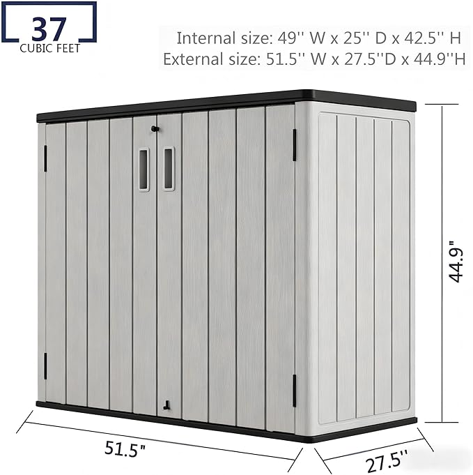 37 Cu. Ft Outdoor Storage Box, Waterproof Resin Shed with Lockable Lid, Horizontal Outdoor Storage Cabinet for Patio Garden Lawn Mower Bike Tools, Wood-Like HDPE Panels, Easy Assembly