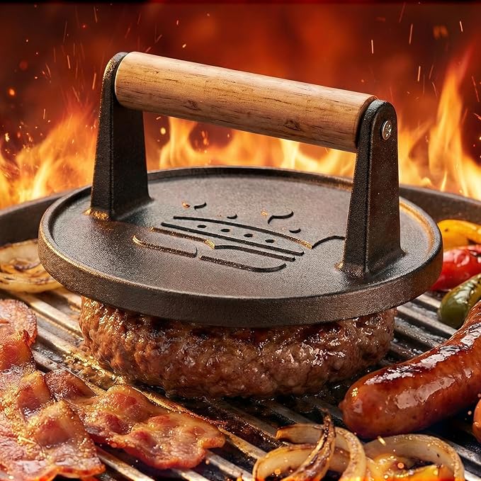 Smash Burger Press 6.5”, Cast Iron Flat Round Edge Grill/Bacon/Meat/Hamburger/Chef Press with Wood Handle, 1.74lb Hamburger Press Patty Maker, Nonstick Burger Smasher for Blackstone Griddle