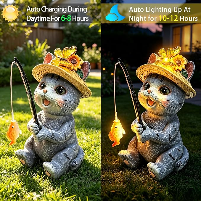 Solar Garden Cat Statues, Outdoor Fishing Cat with Butterfly Solar Lights Waterproof, Birthday Gifts for Cat Lovers Mom Women, Garden Figurines for Yard Decor Patio Porch Lawn Ornaments