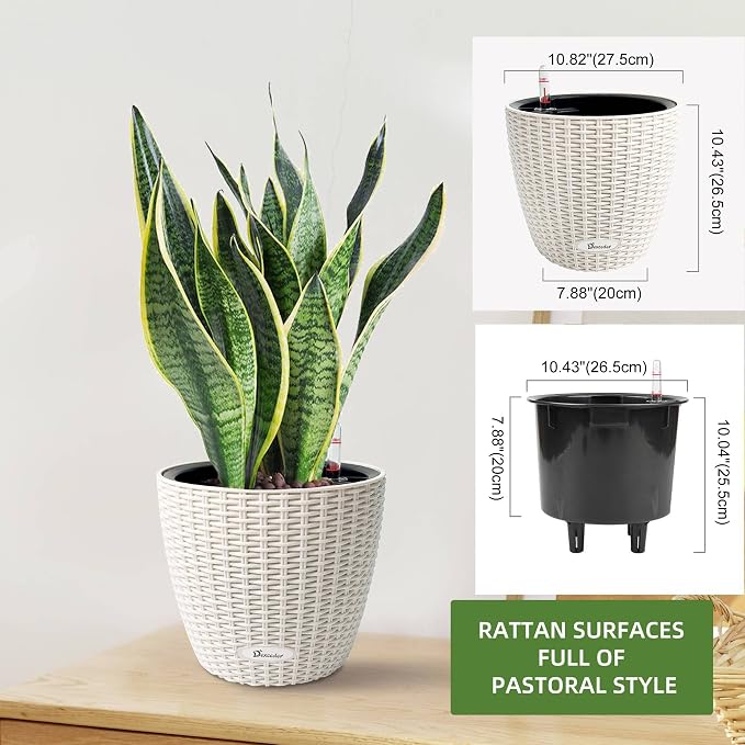 Dexceder 11x10 Self Watering Planter (Ivory White Rattan) | Inner Pot Design, Thickened Table Flower Plant Pot with Water Level Indicator Indoor Outdoor